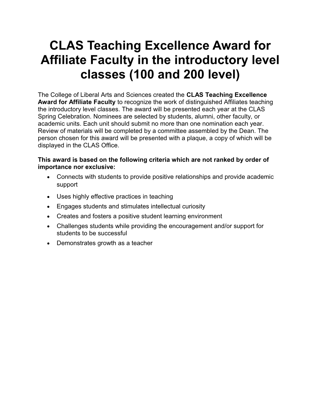 CLAS Teaching Excellence Award for Affiliate Faculty in the Introductory Level Classes