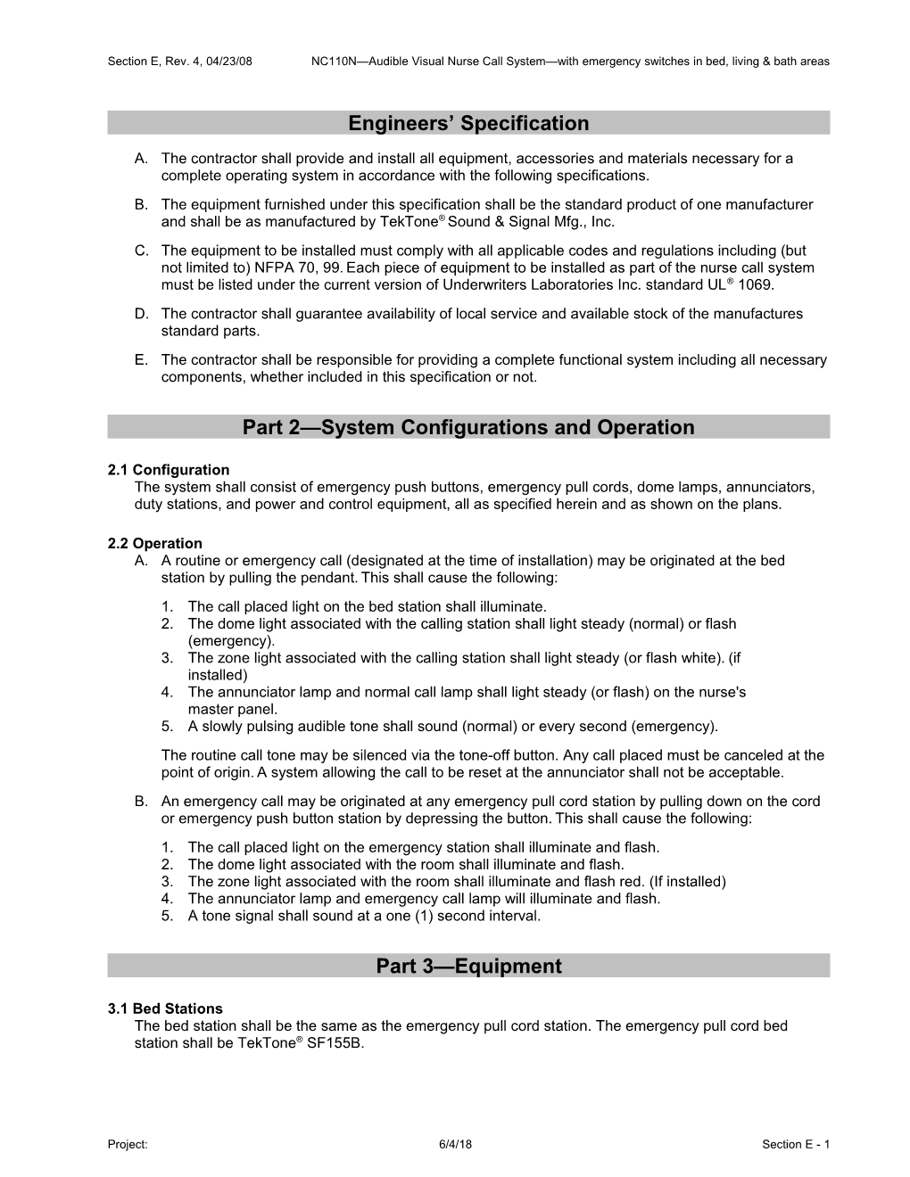 Section 16700 Nurse/Patient Communications System