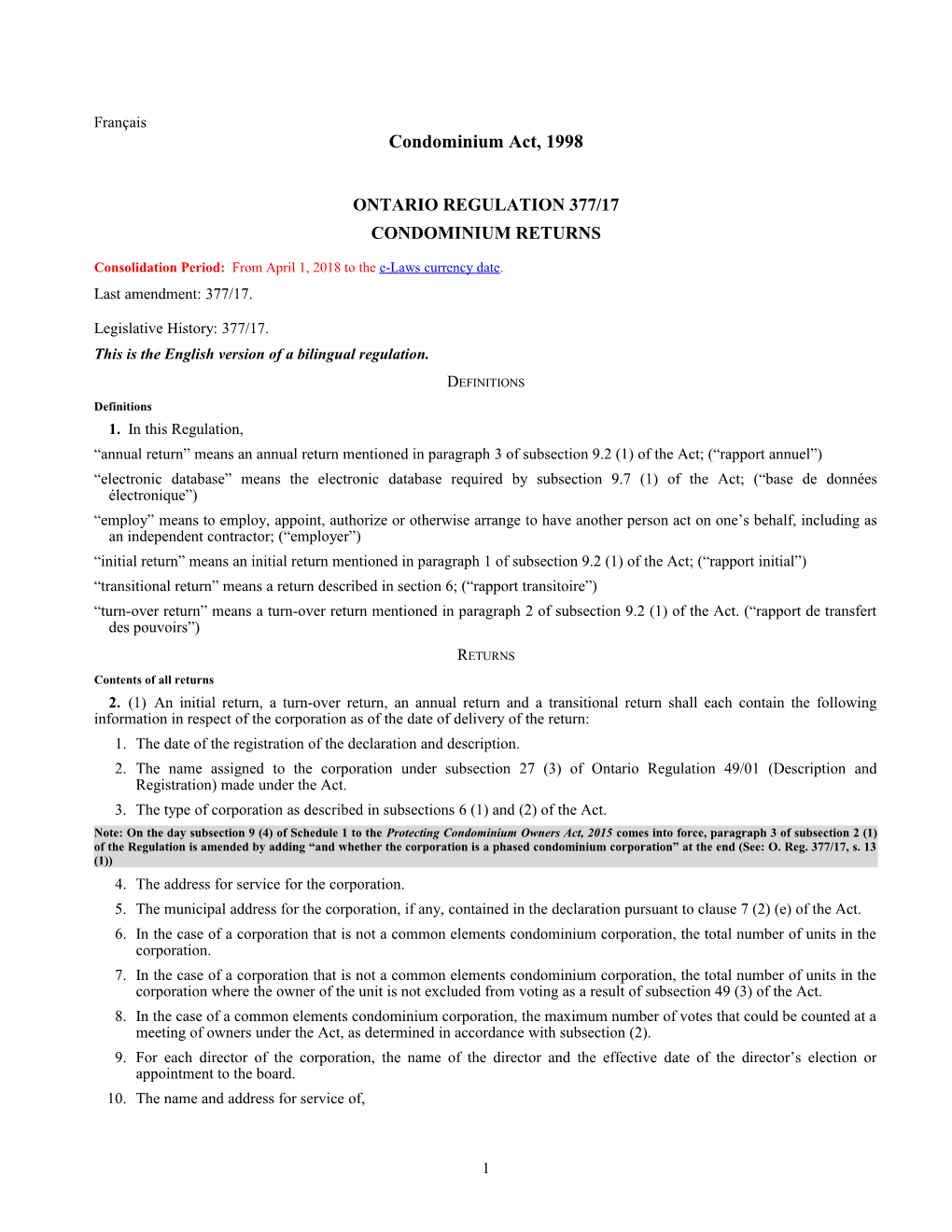 Condominium Act, 1998 - O. Reg. 377/17