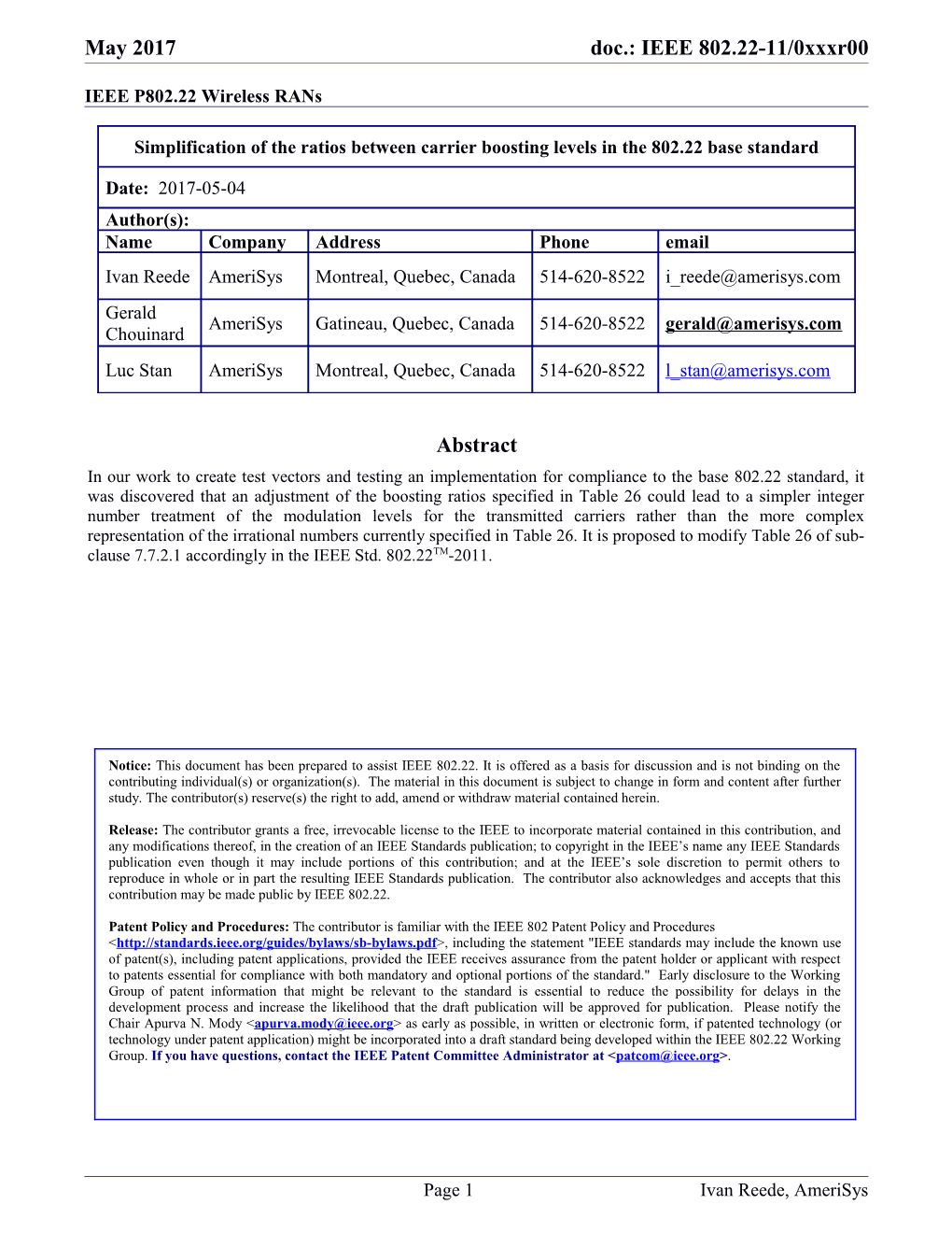 Proposed Modification to the IEEE Std 802.22TM- 2011