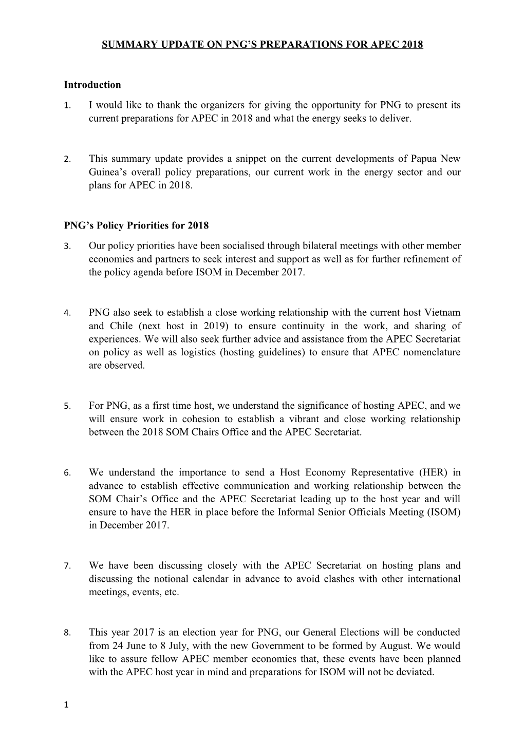 Summary Update on Png S Preparations for Apec 2018