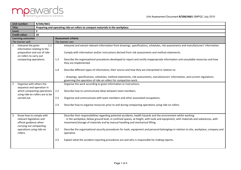 Unit Assessment Document R/506/4661 MPQC July 2010