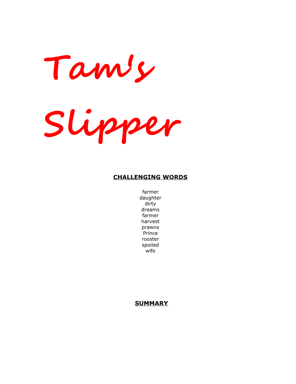 Book Title: Tam's Slipper
