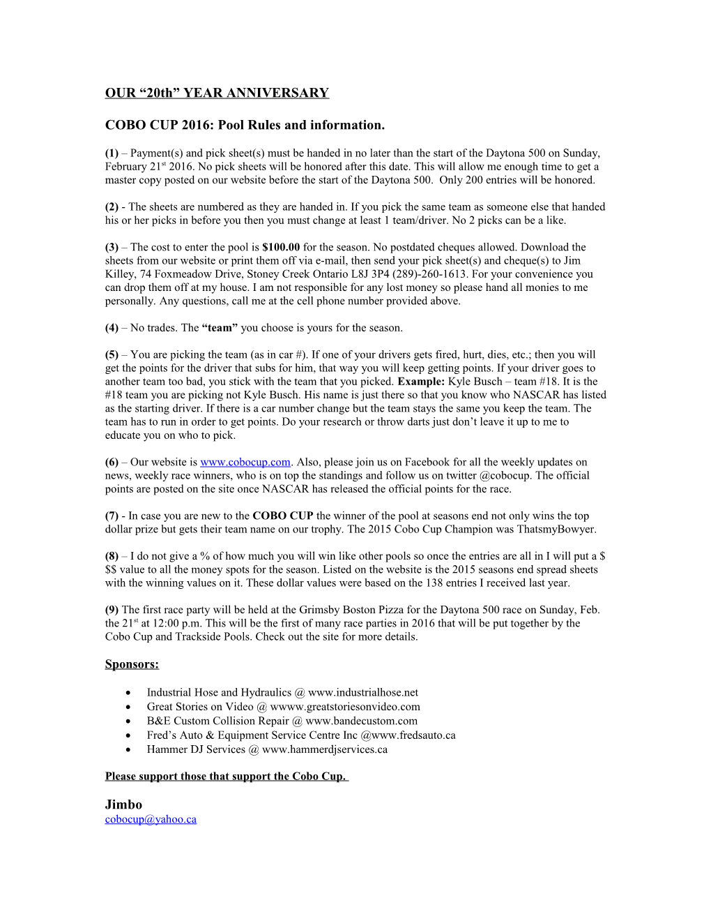 COBO CUP 2000: Pool Rules and Information