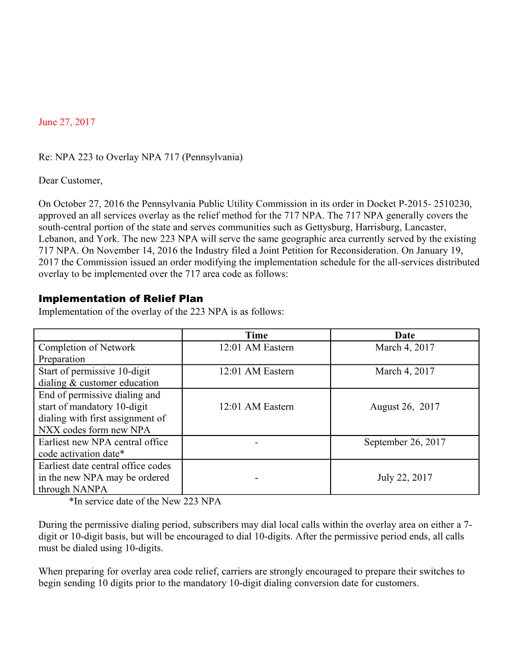 Re: NPA 223 to Overlay NPA 717 (Pennsylvania)