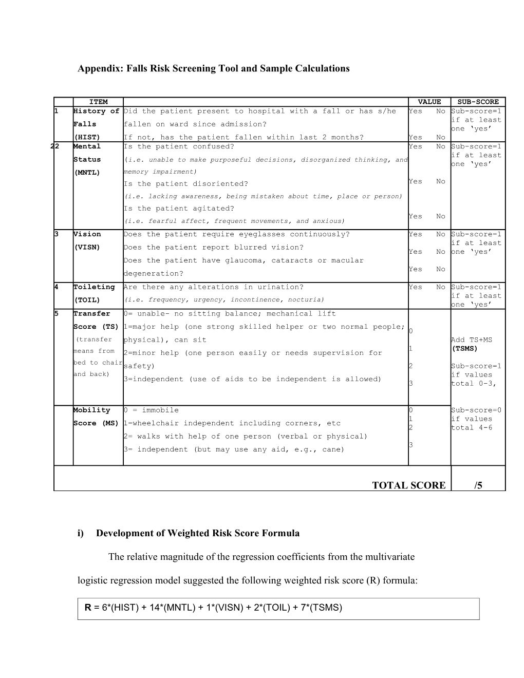 Appendix I: Falls Risk Screening Tool and Sample Calculations