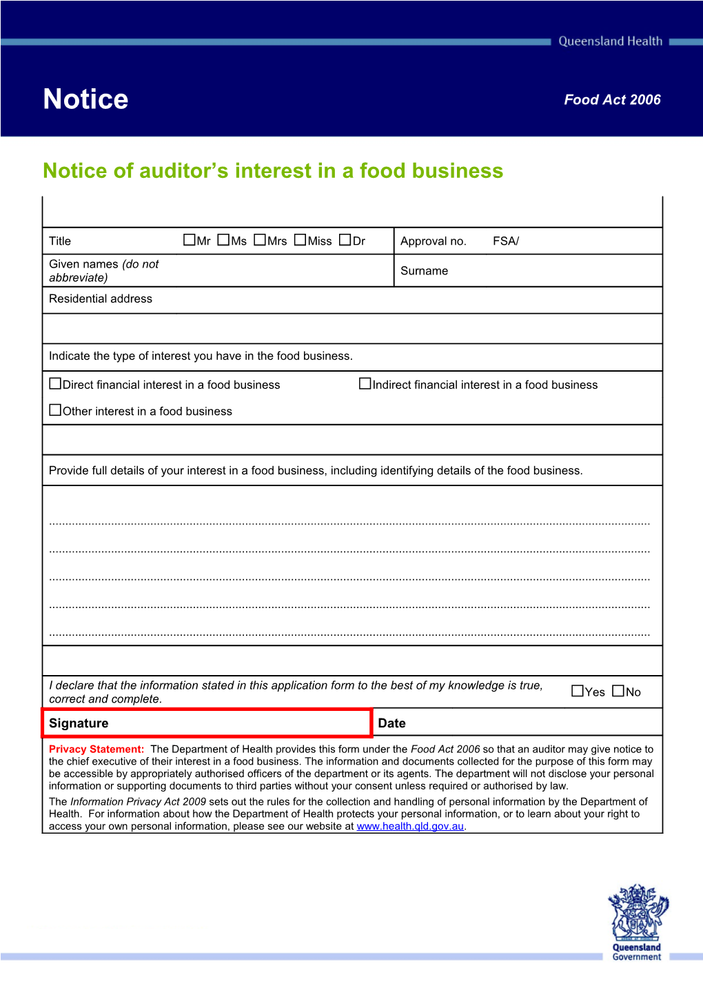 Notice of Auditor's Interest in a Food Business