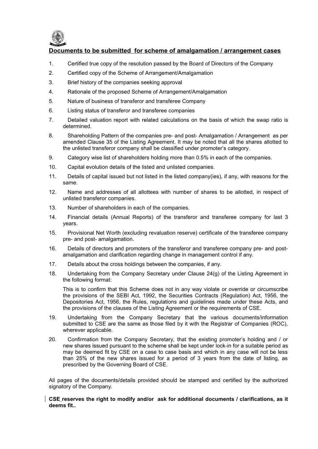 Standard Checklist for Scheme of Amalgamation / Arrangement Cases