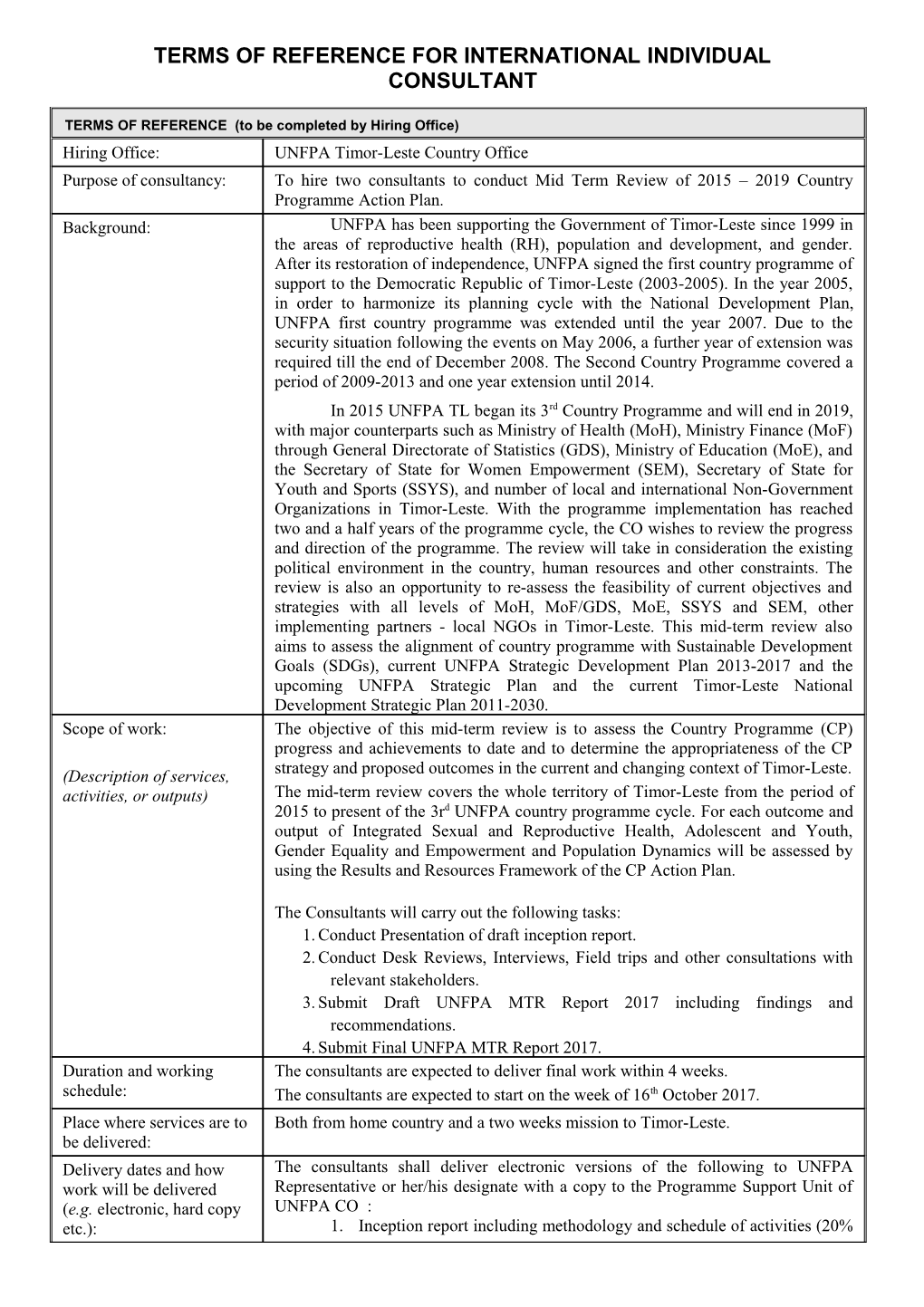 Terms of Reference for International Individual Consultant