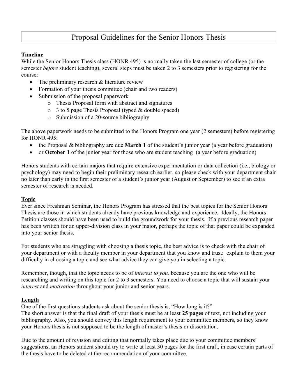 Guidelines for the Senior Honors Thesis Proposal