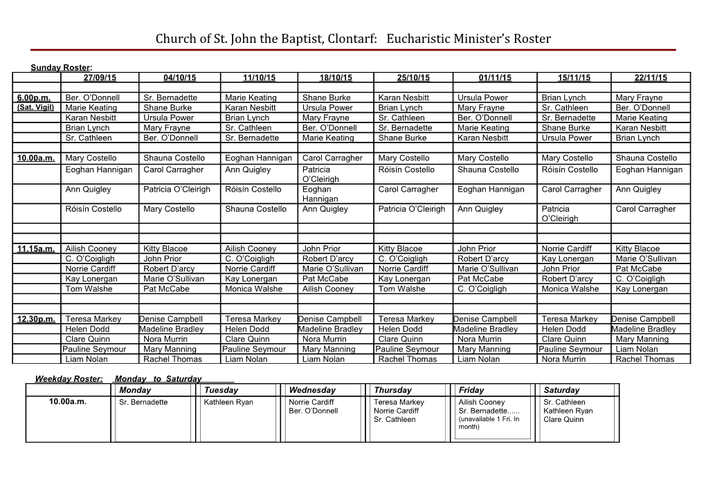 Church of St. John the Baptist, Clontarf: Eucharistic Minister S Roster