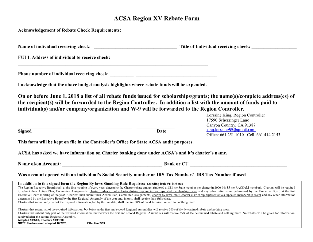 ACSA Region XV Rebate Form