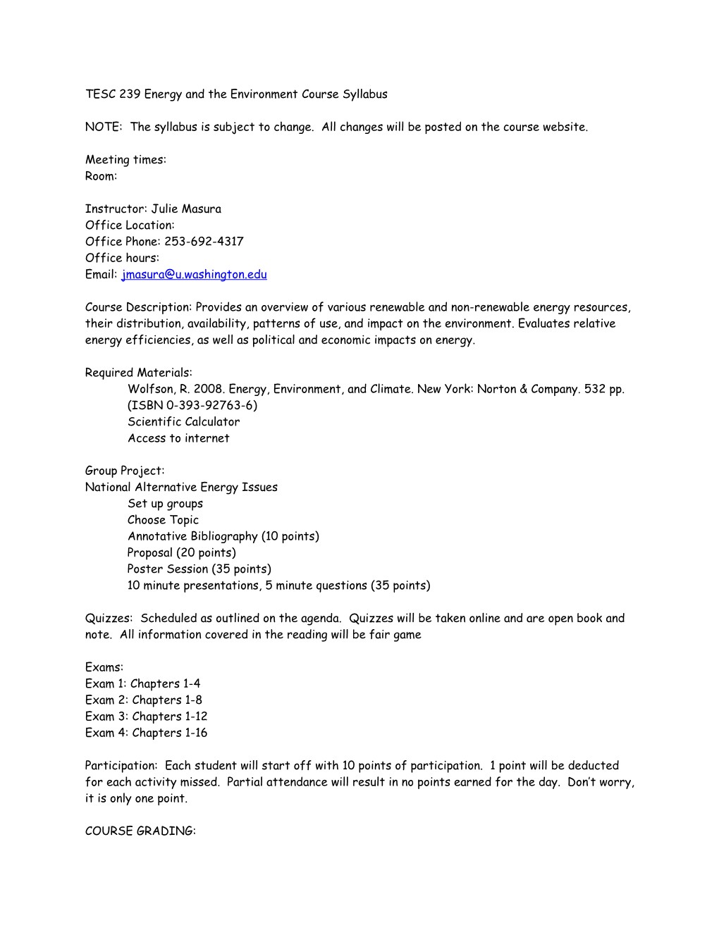 TESC 239 Energy and the Environment Course Syllabus