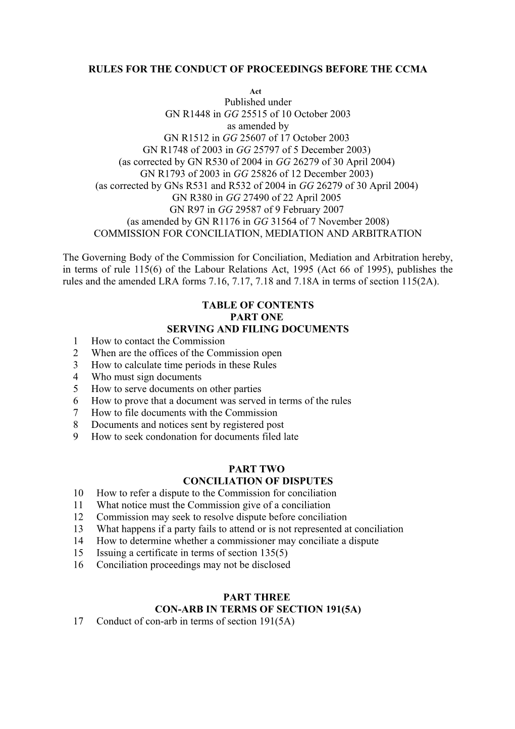 Rules for the Conduct of Proceedings Before the Ccma