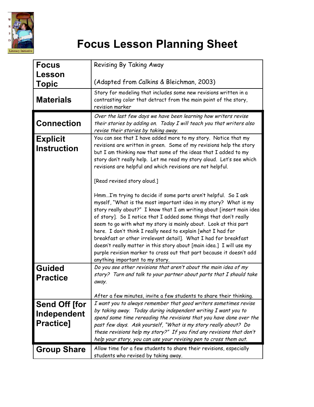 Focus Lesson Planning Sheet s9