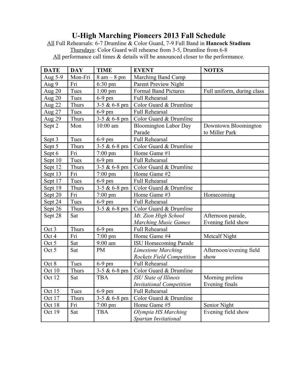 U-High Marching Pioneers 2006 Fall Schedule