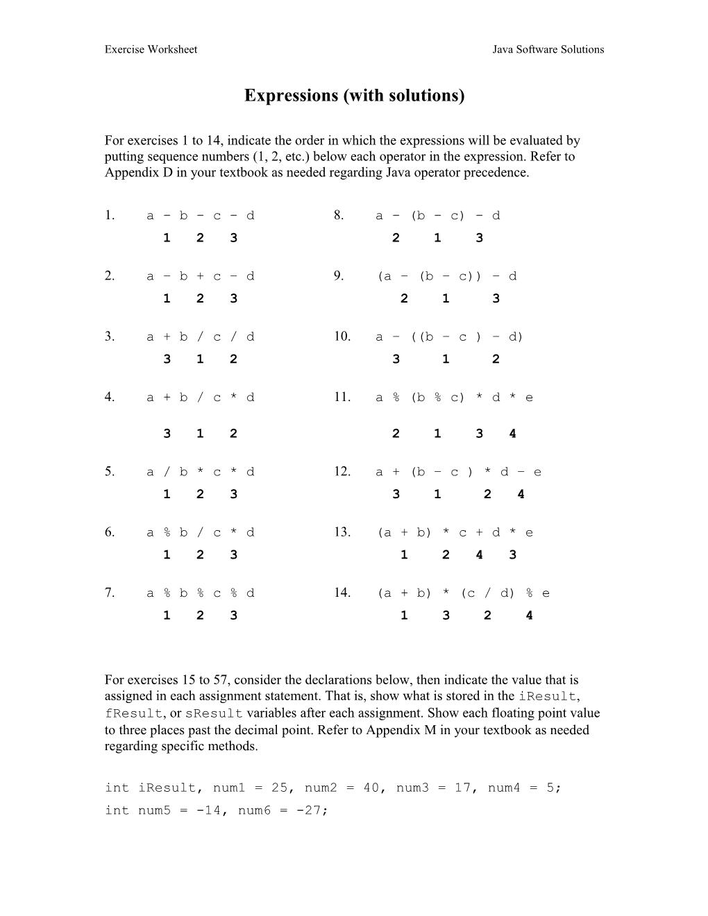 Exercise Worksheet Java Software Solutions s1