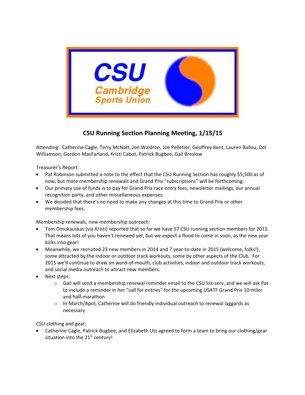 CSU Running Section Planning Meeting, 1/15/15