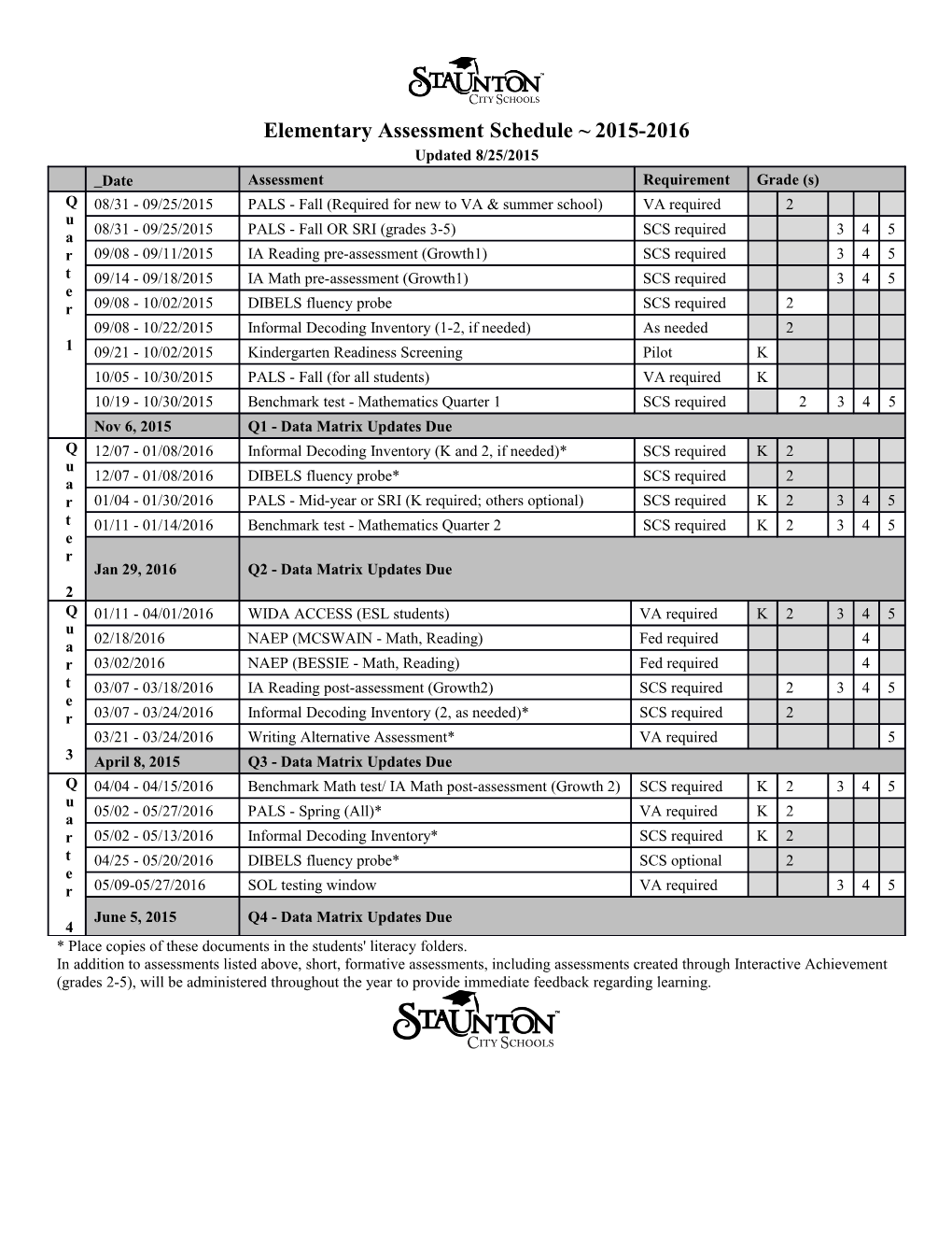 Elementary Assessment Schedule 2015-2016