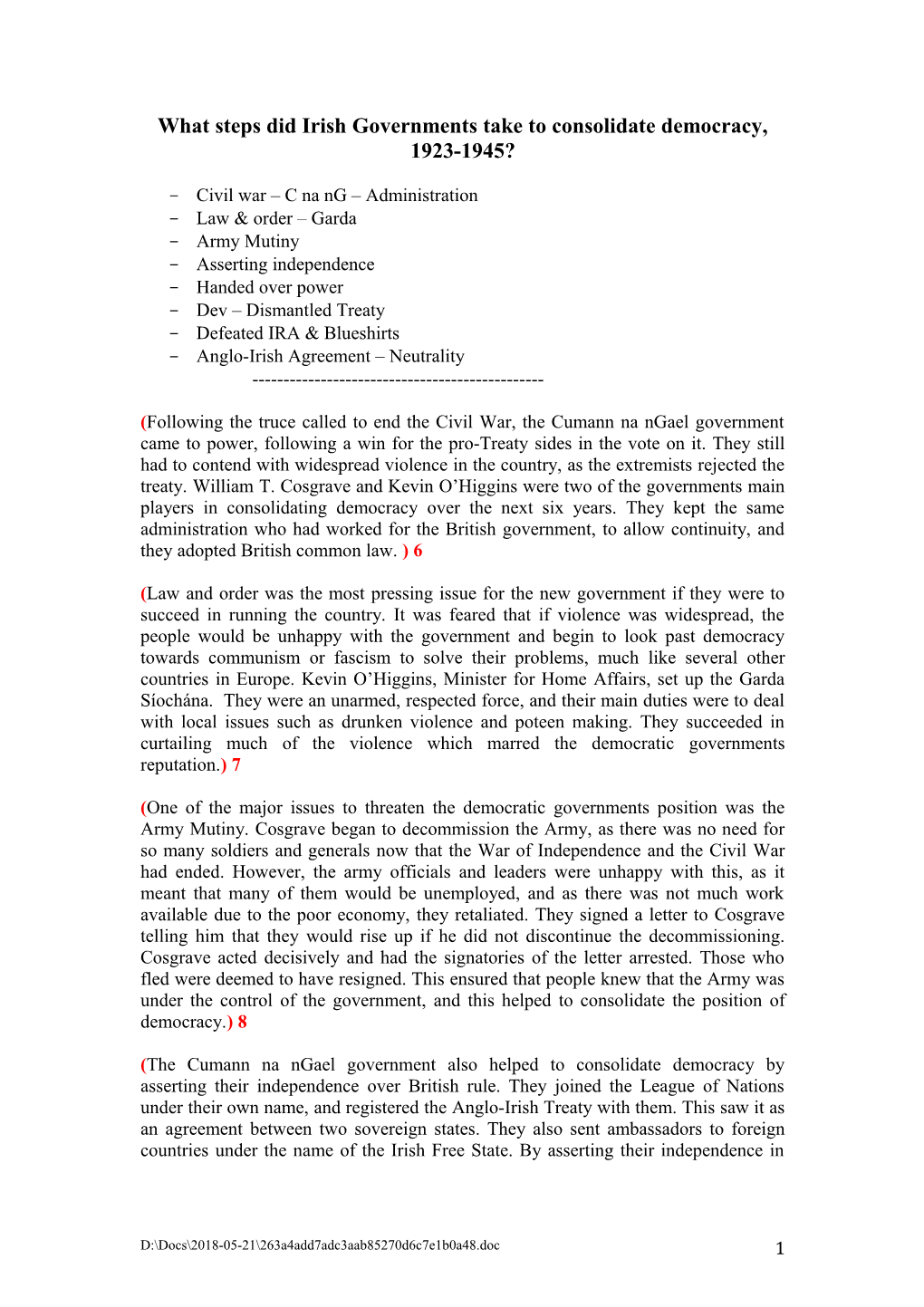 What Steps Did Irish Governments Take to Consolidate Democracy, 1923-1945