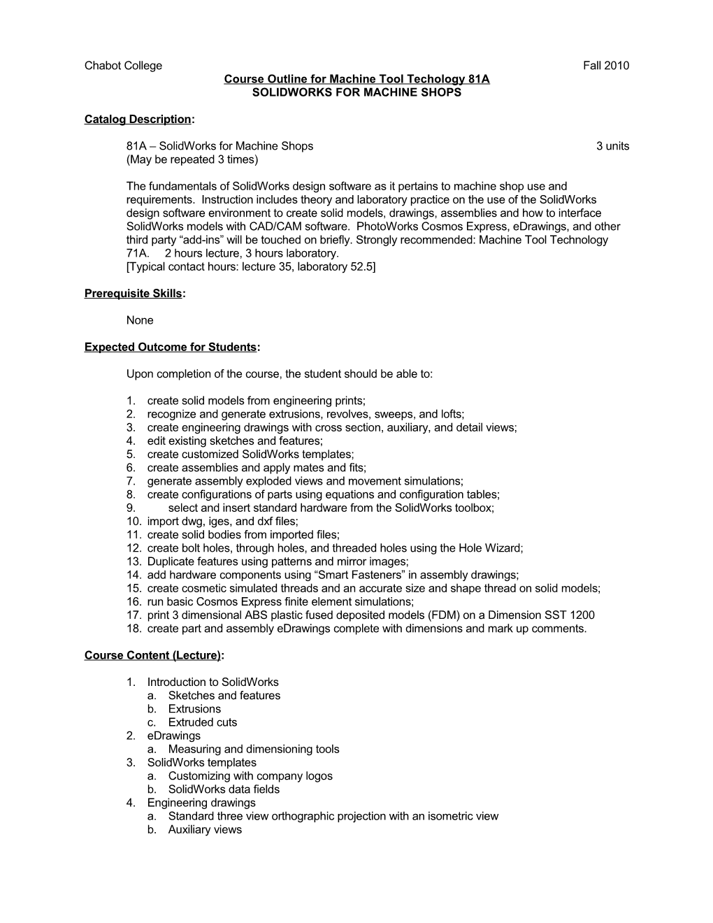Course Outline for Machine Tool Technology 81A - Page 3