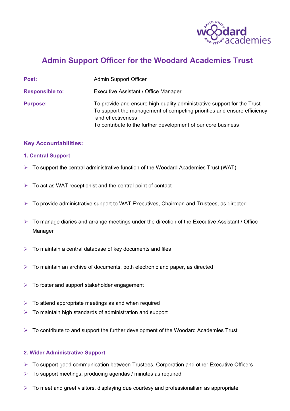 Admin Support Officer for the Woodard Academies Trust