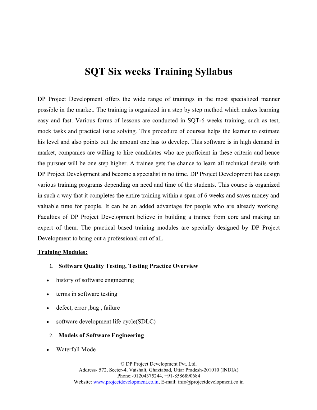 SQT Six Weeks Training Syllabus
