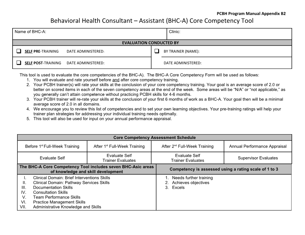 PCBH Behaviorist Assistant (BHC-A)Core Competency Tool