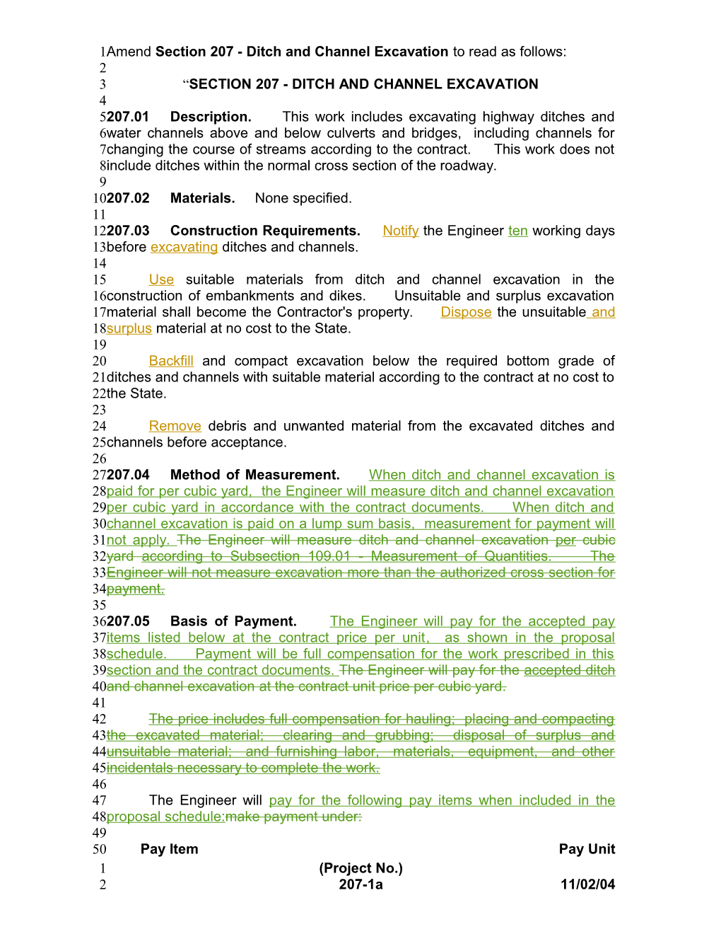 Amend Section 207 - Ditch and Channel Excavation to Read As Follows