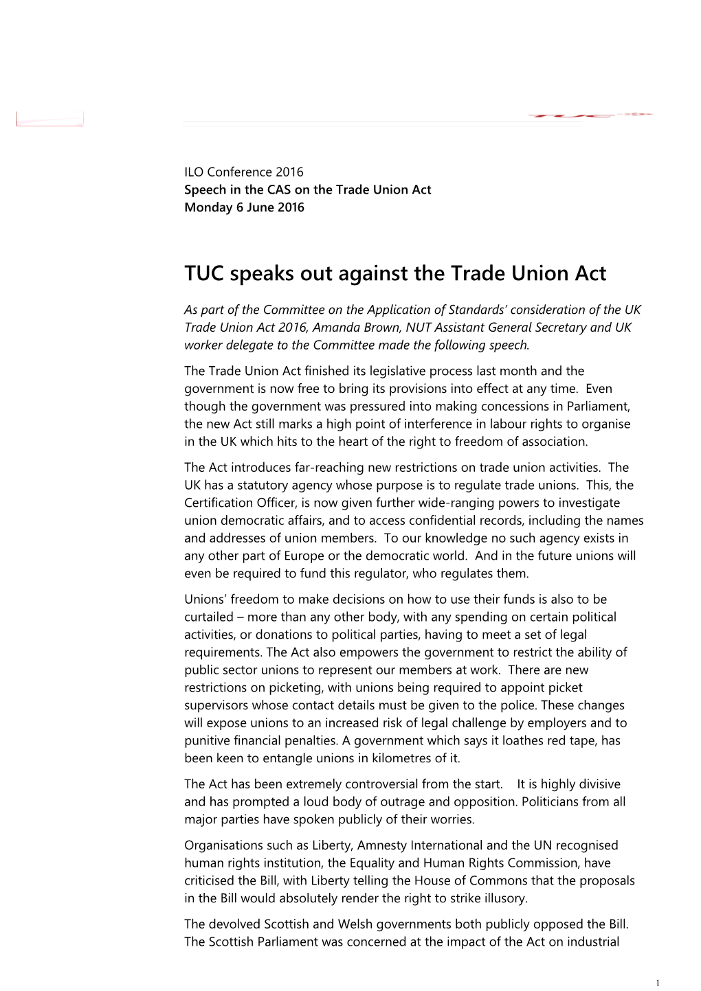 Speech in the CAS on the Trade Union Act