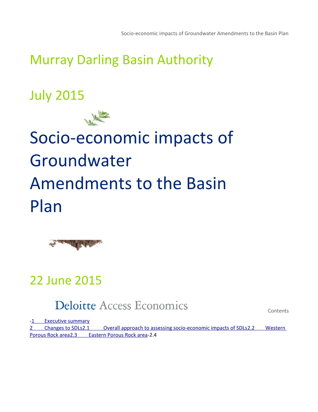 Socio-Economic Impacts of Groundwater Amendments to the Basin Plan