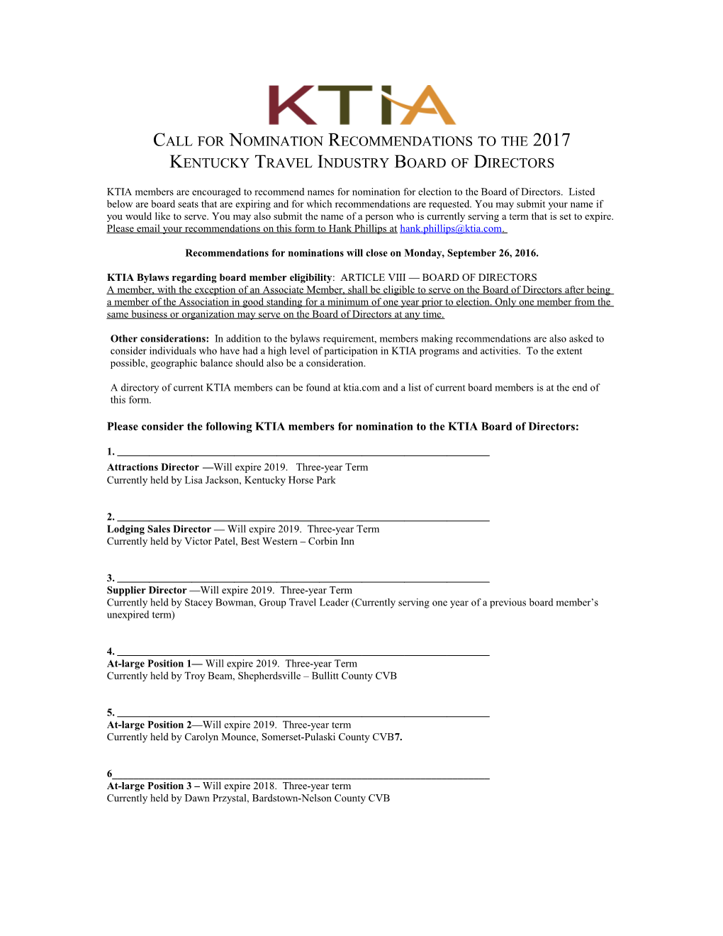 Call for Nomination Recommendations to the 2017