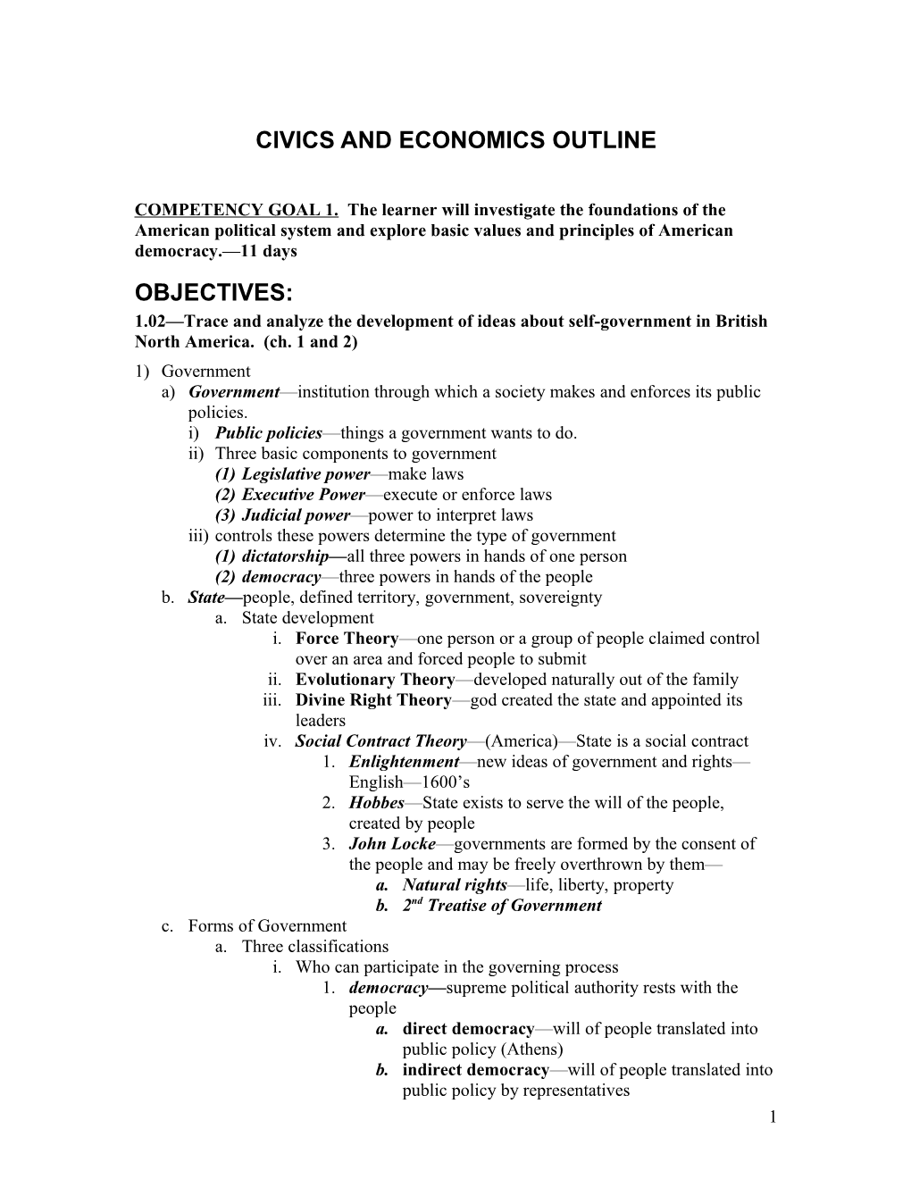 Civics and Economics Outline