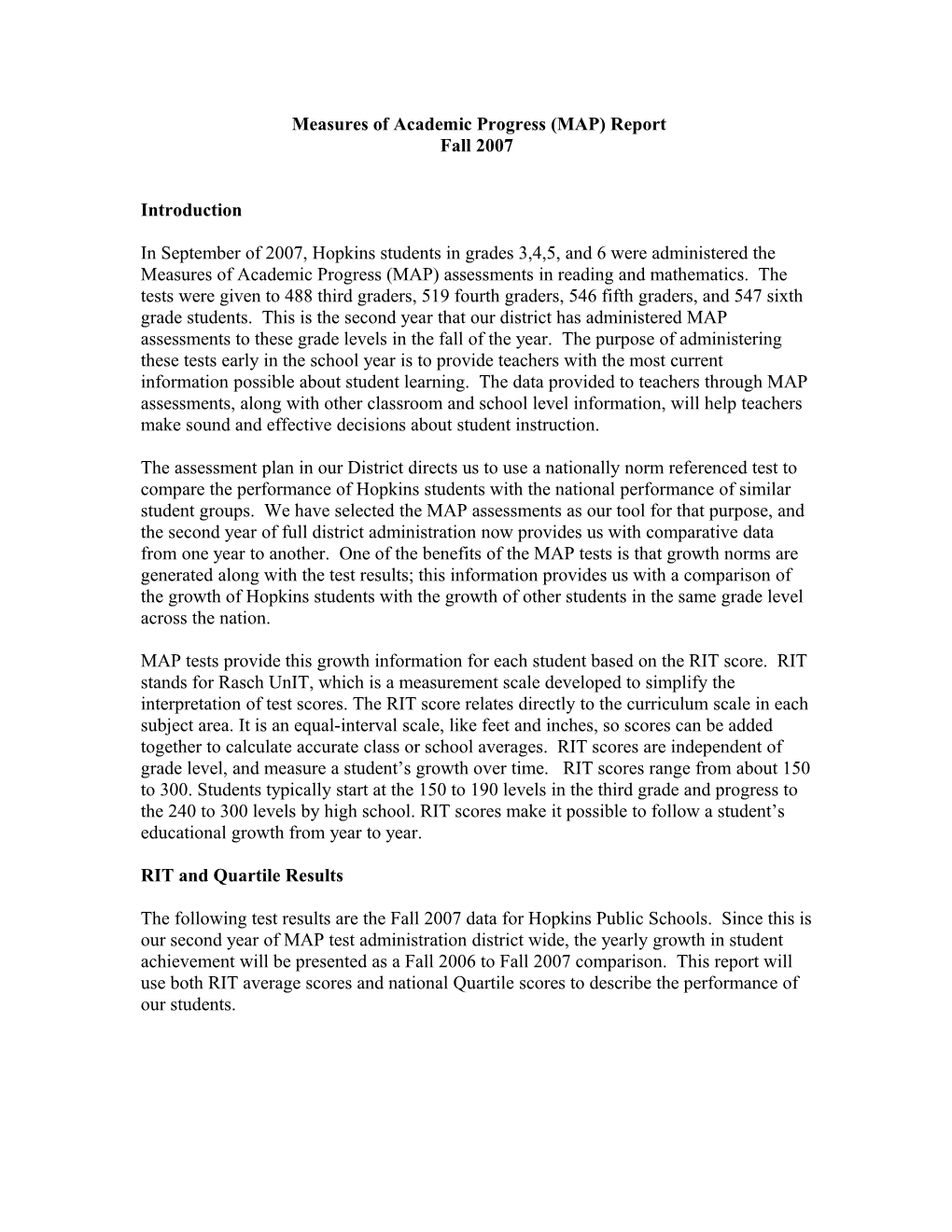 Draft Measures of Academic Progress (MAP) Report