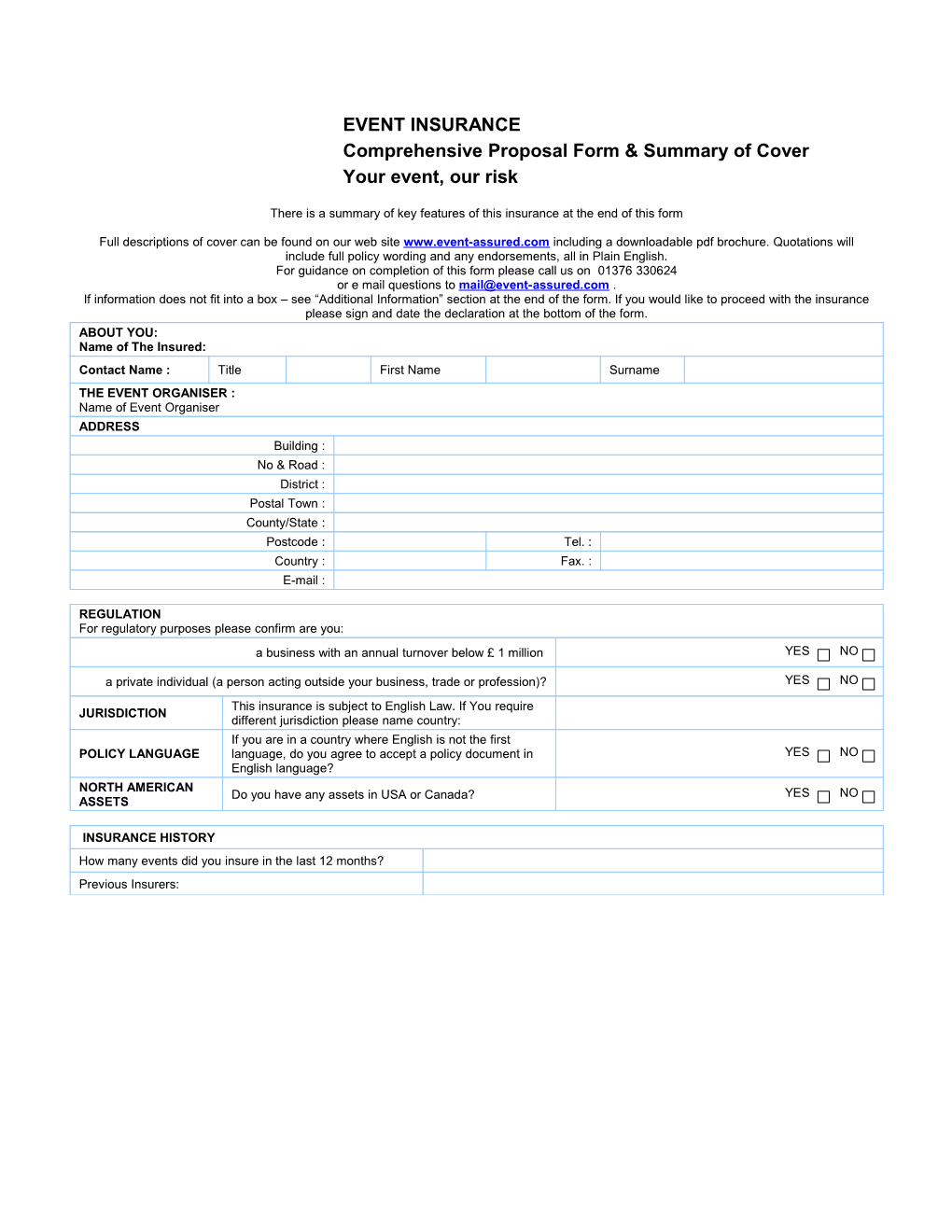 Comprehensive Proposal Form & Summary of Cover