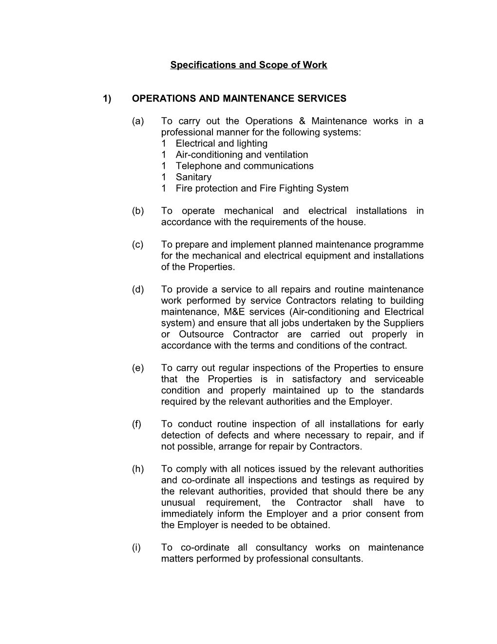 Proposal to Provide Operations & Maintenance (O&M) Services