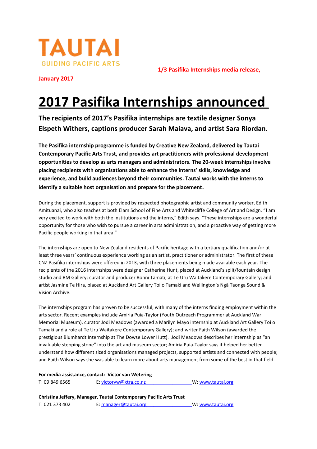 2017 Pasifika Internships Announced