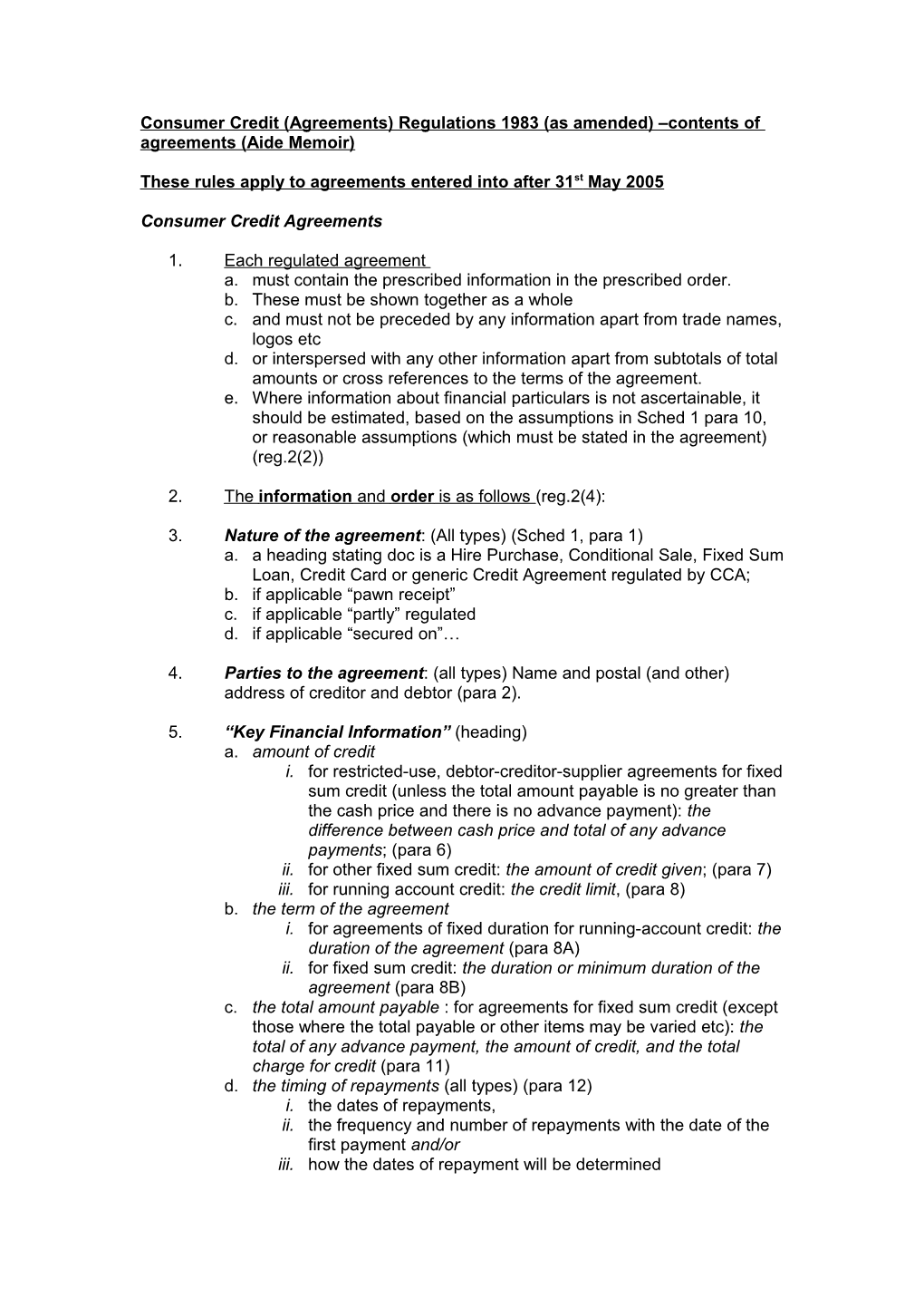 Consumer Credit (Agreements) Regulations 1983 (As Amended) Contents of Agreements