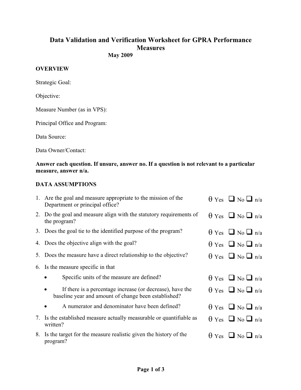 Data Validation and Verification Worksheet for GPRA Performance Measures May 2009 (Msword)