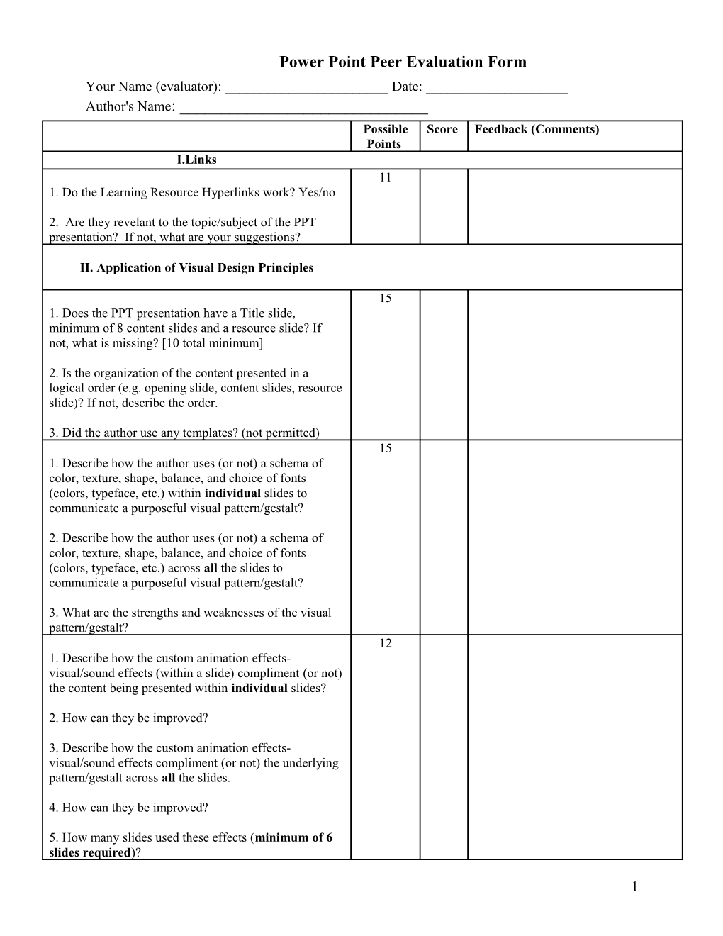 Power Point Peer Evaluation Form