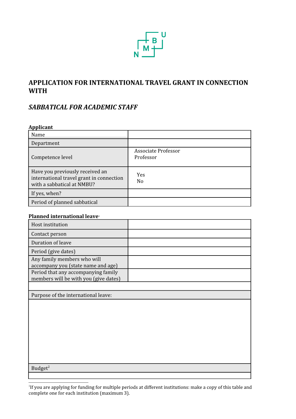 Application for International Travel Grant in Connection With