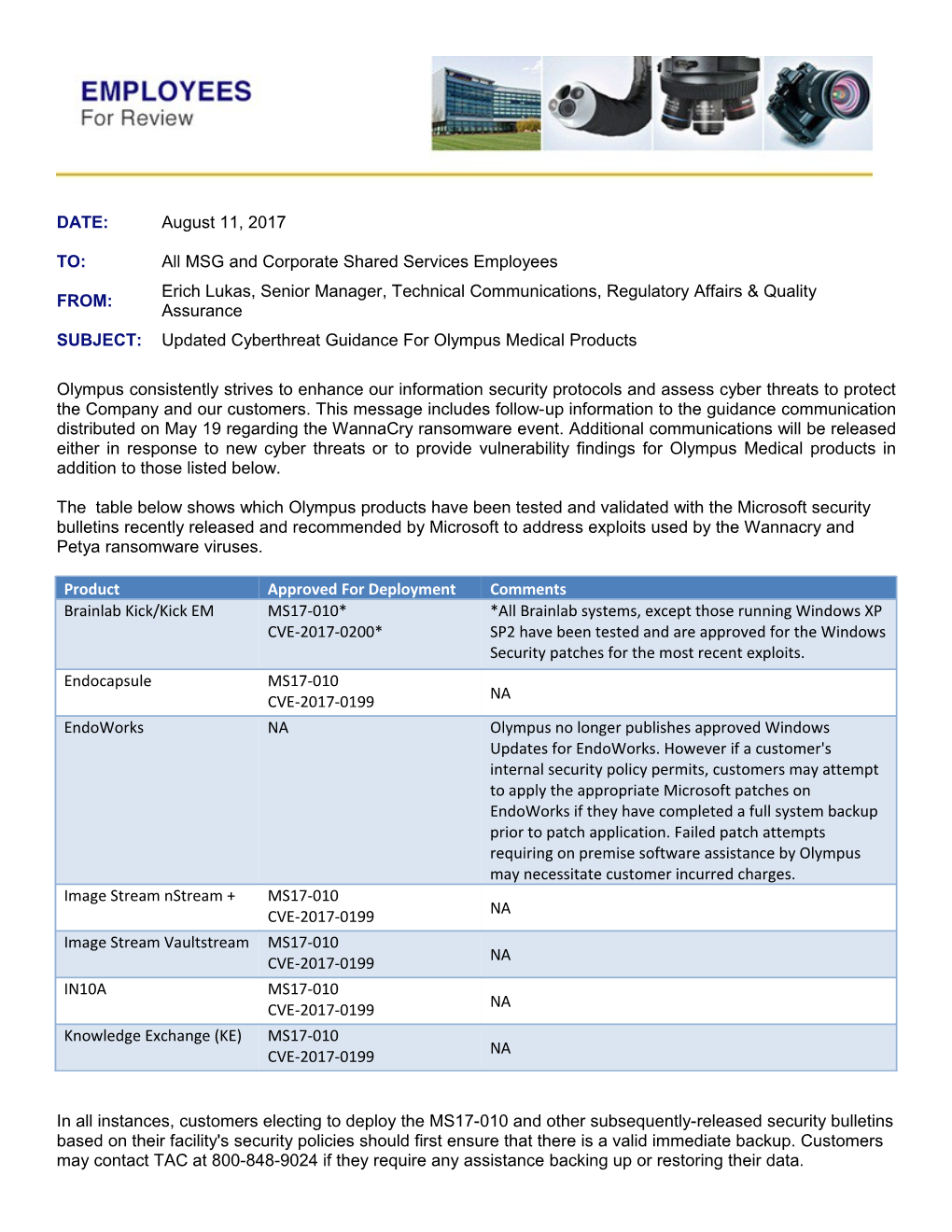 The Table Below Shows Which Olympus Products Have Been Tested and Validated with the Microsoft