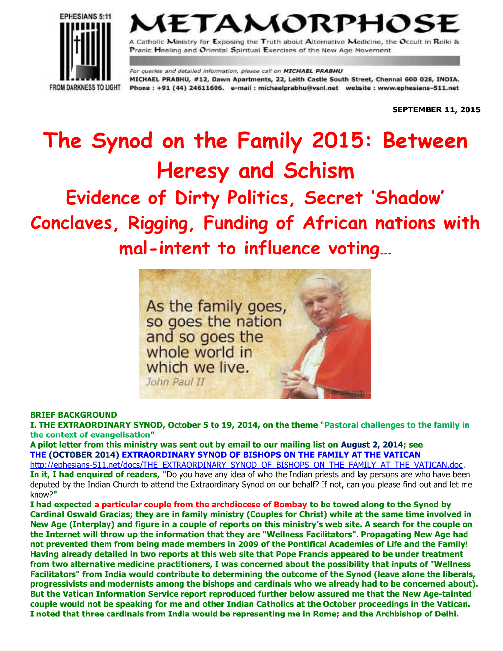 The Synod on the Family 2015: Between Heresy and Schism