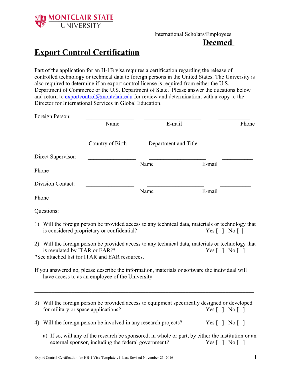 Deemed Export Control Certification