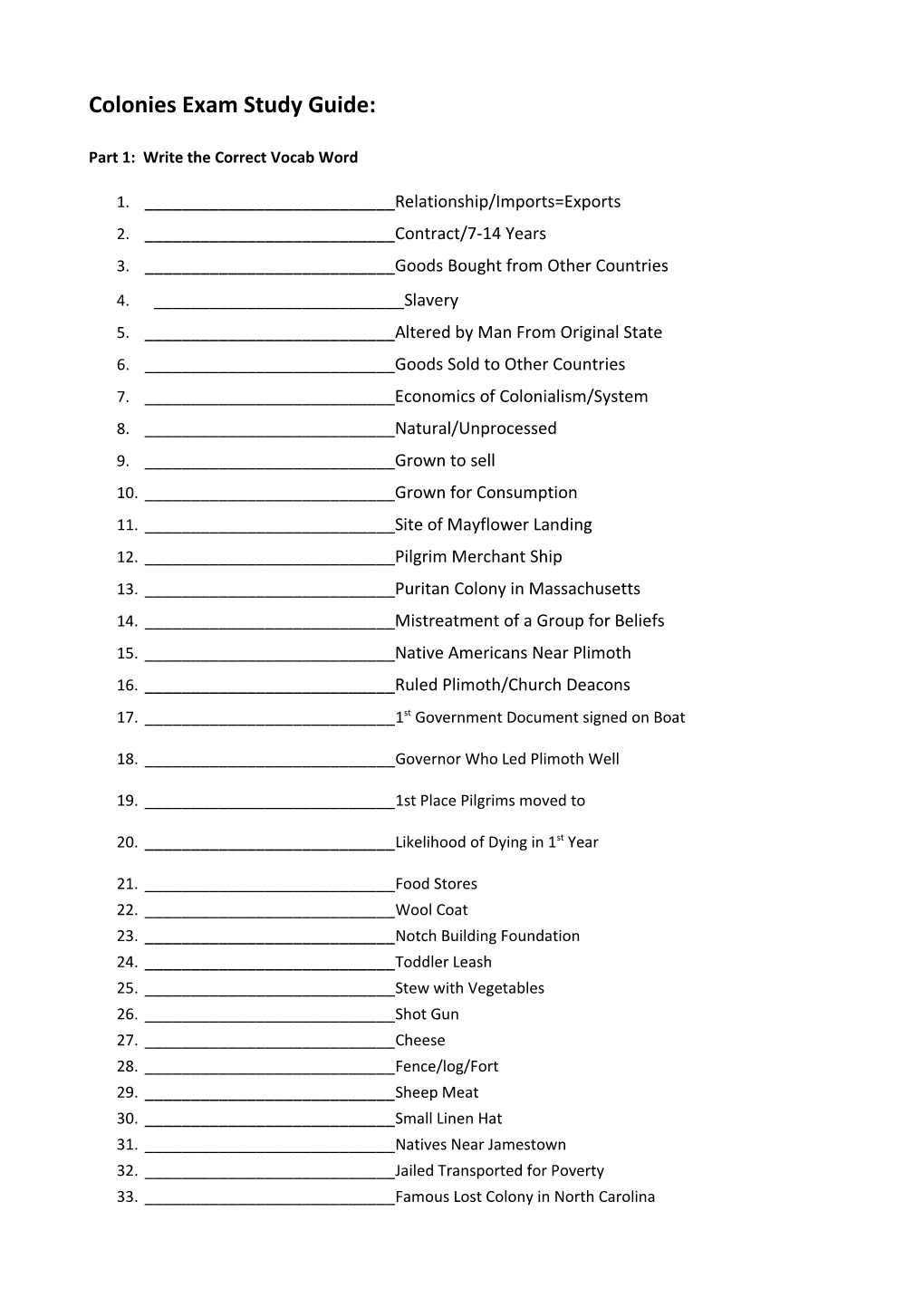 Colonies Exam Study Guide