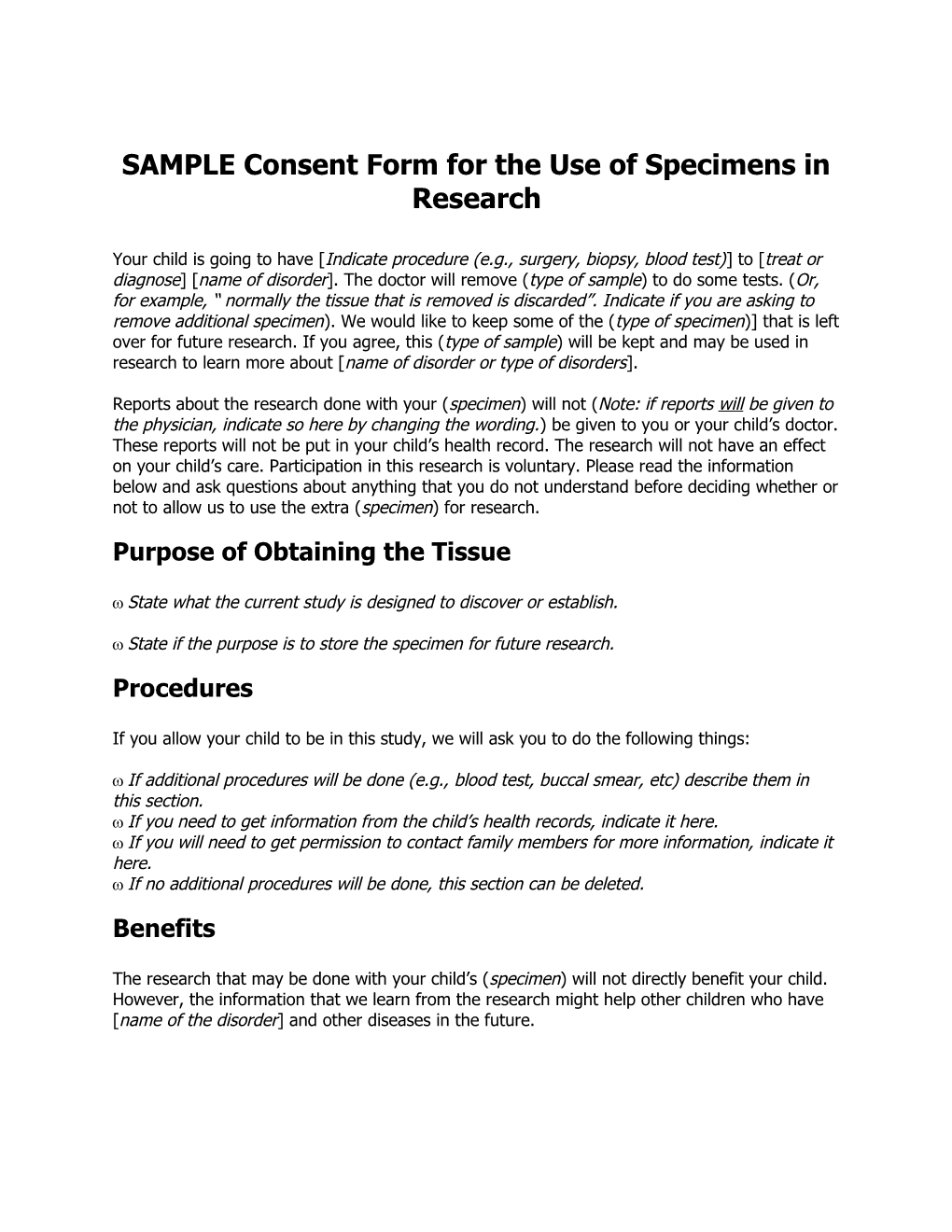 SAMPLE Consent Form for the Use of Specimens in Research