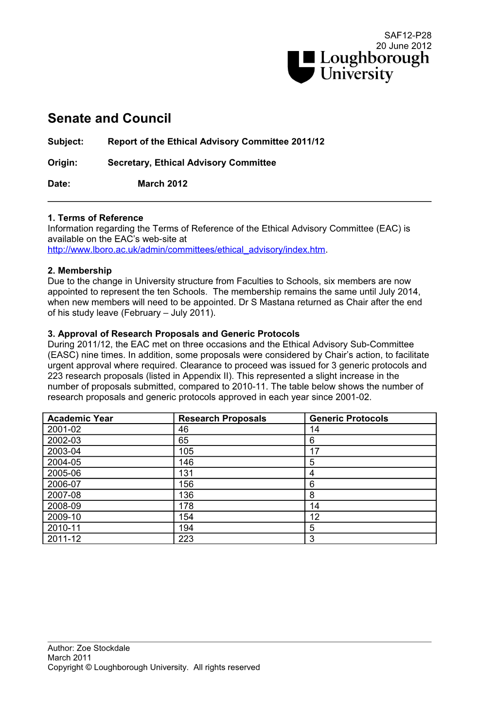Subject:Report of the Ethical Advisory Committee 2011/12