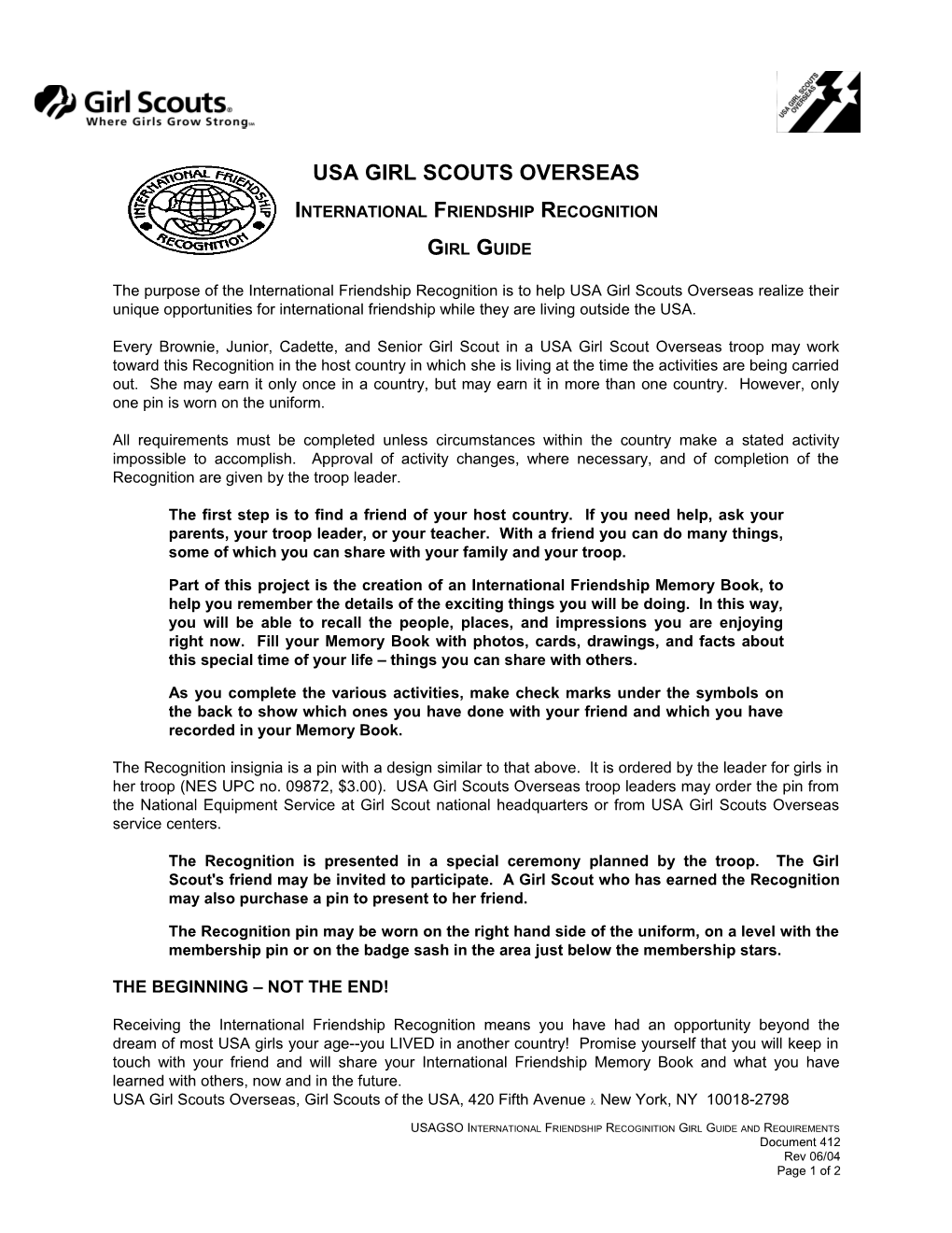 Document 412 Int'l Friendship Recognition Girl Guide and Requirements