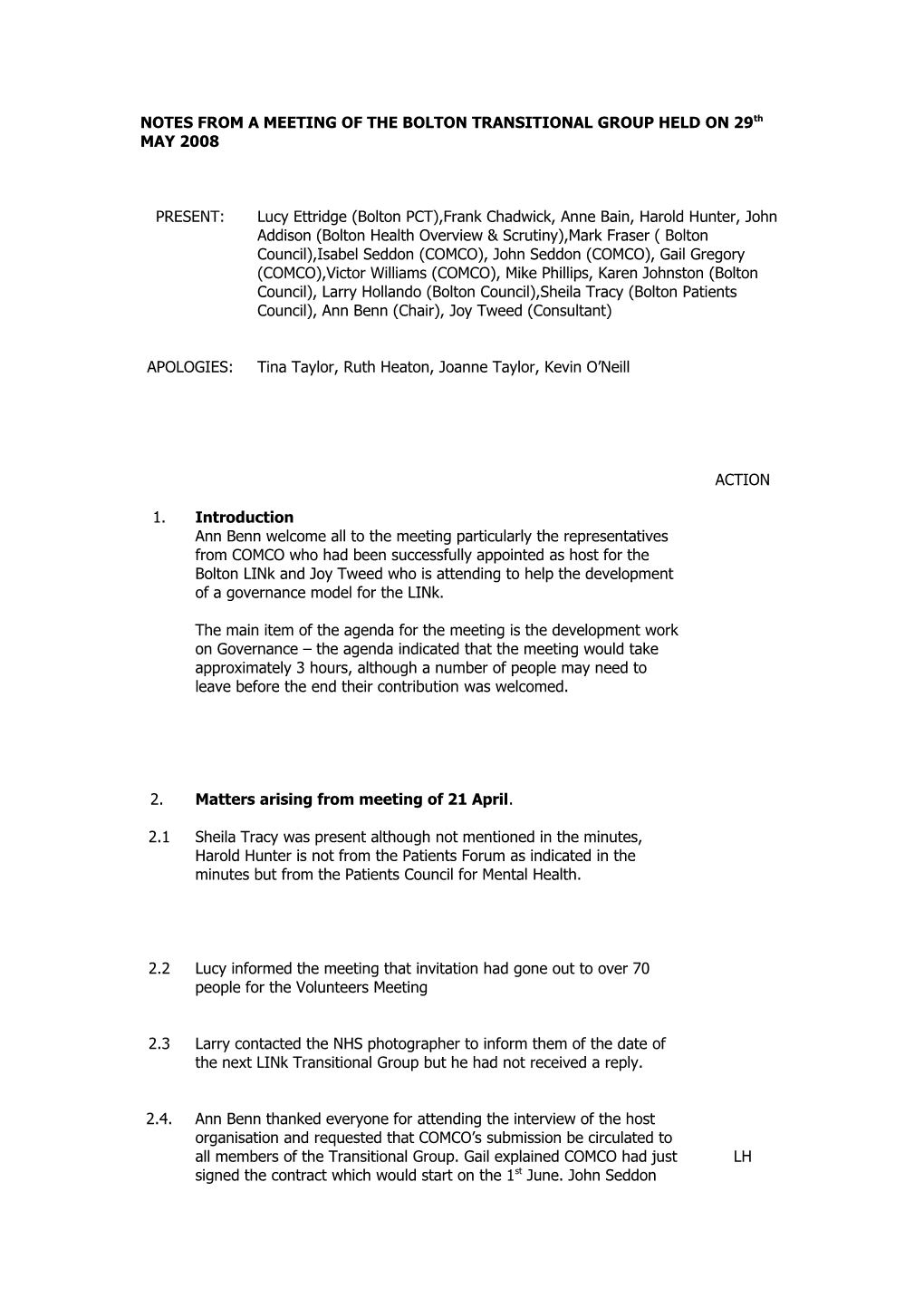 Bolton Link Transitional Steering Group Meeting Minutes 29Th May 2008