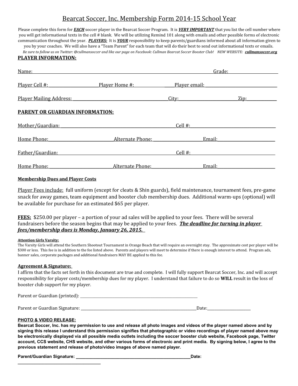 Bearcat Soccer, Inc. Membership Form 2014-15 School Year